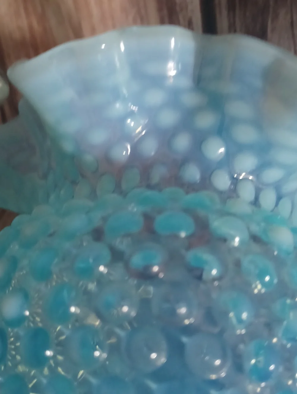(2))Vintage Fenton Blue Hobnail Vase Crimp Ruffled Edges